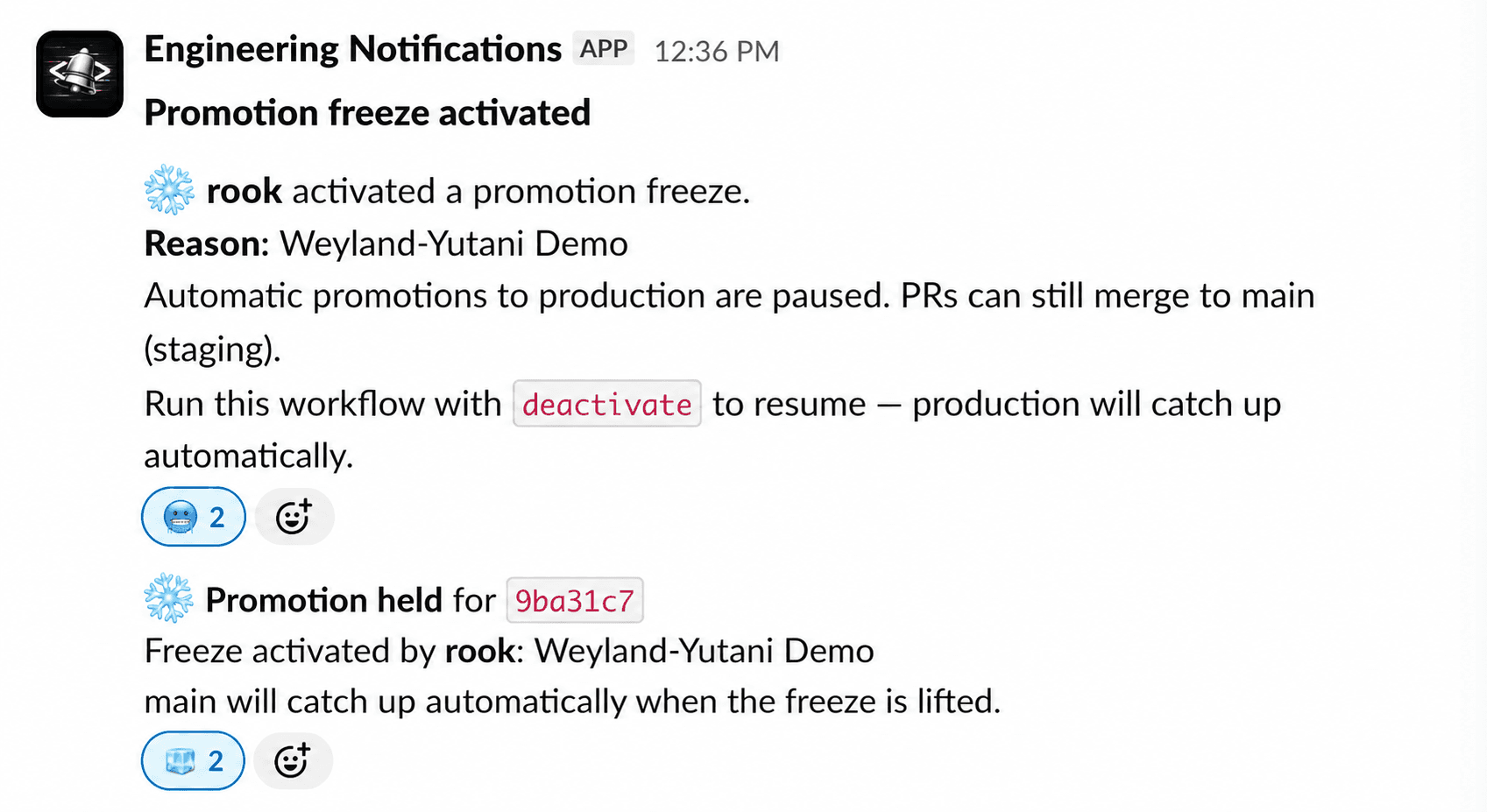 Slack notification announcing an activated promotion freeze, with instructions to deactivate and resume