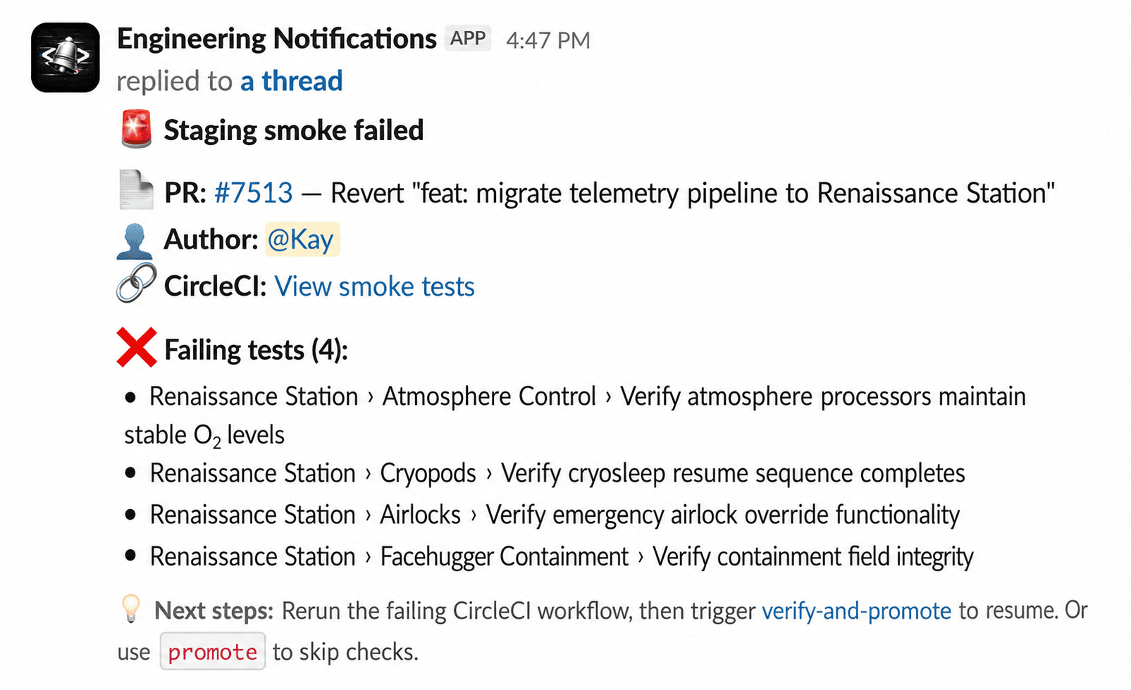 Slack thread showing a failed smoke-test run with the list of failing checks and suggested next steps